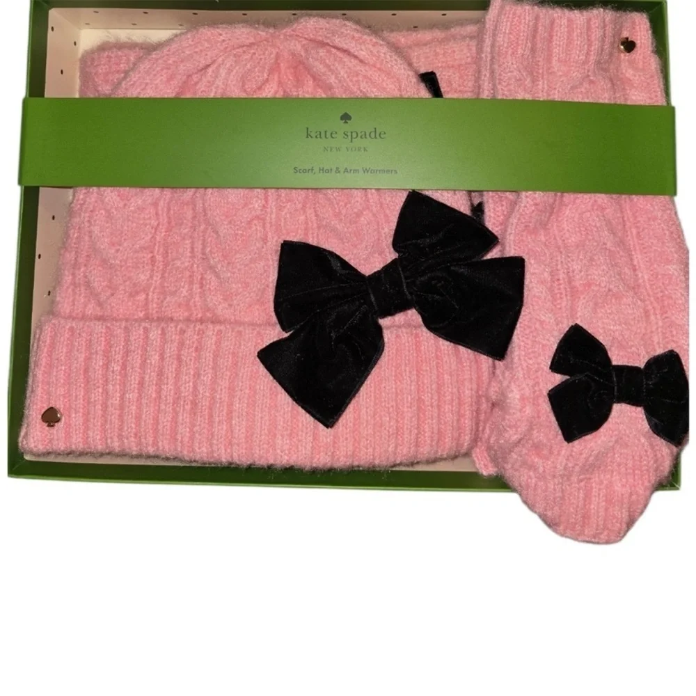 Kate Spade Pink Hat,Arm Warmers, Scarf With Bows Box Set NWT